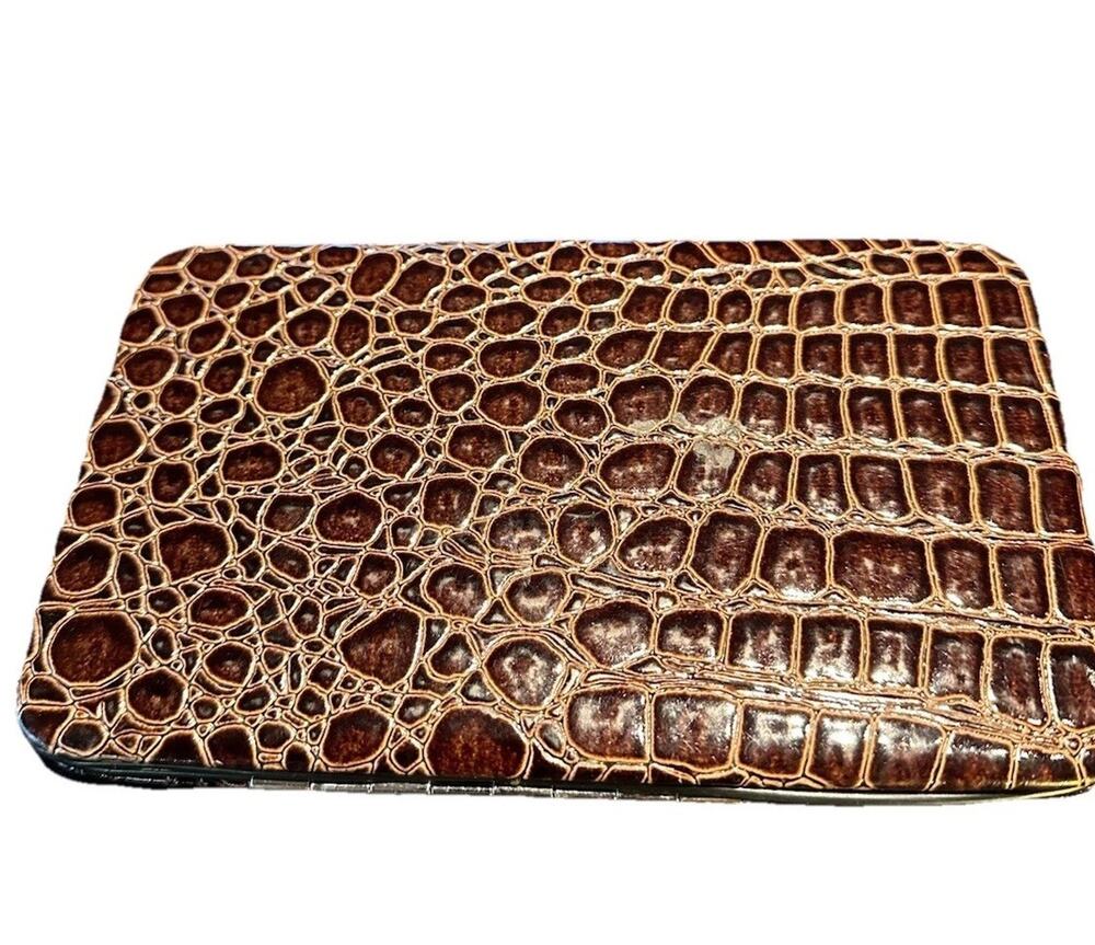Vintage Faux Croc Wallet Clutch Brown Embossed Organizer Checkbook wallet